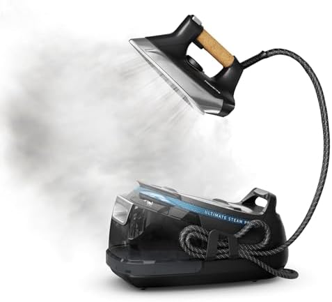 Rowenta, Iron, Ultimate Steam Pro Stainless Steel Soleplate Professional Steam Station for Clothes, 1800 Watts, 1.3L Removable Tank, Boiler Technology, Fast Heat Up, Black Clothes Iron, DG8668