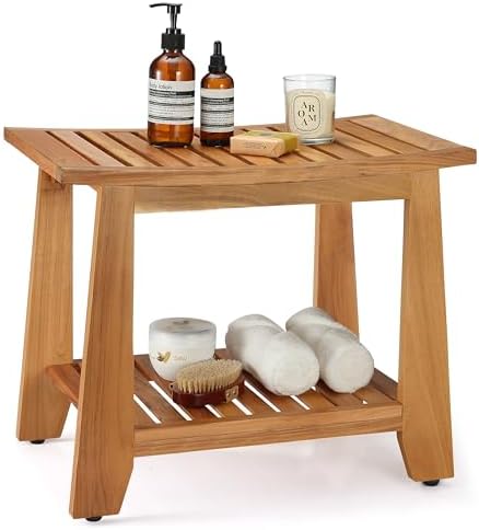 Teak Shower Bench Stool, 21'' Waterproof Wood Spa Bath Bench with Storage Shelf, Non-Slip Solid Teak Shower Seat Chair for Small Bathrooms Inside Shower and Outdoor Use