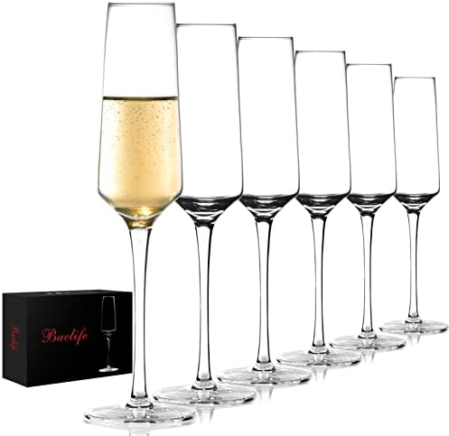 Champagne Flutes - Hand Blown Elegant Champagne Glasses Set of 6 - Unique Gift for Birthday,Wedding, Mother’s Day - Ideal for Wine Tasting,Daily Use - 7.5 oz, Clear
