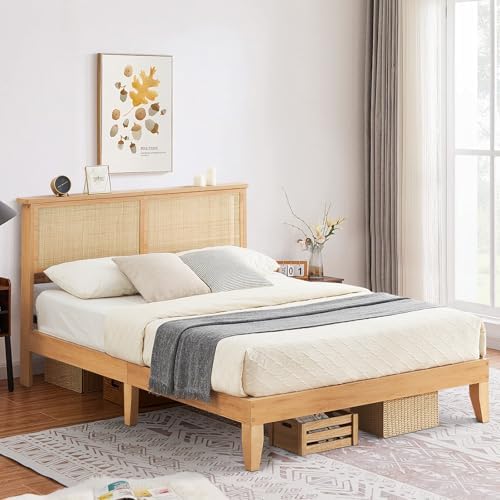 GarveeHome Rattan Bed Frame Queen, Boho Bed Frame Queen Size with Natural Rattan Headboard, Queen Bed with Led Lights, Wooden Support Legs and Slats, Noise-Free, No Box Spring Needed