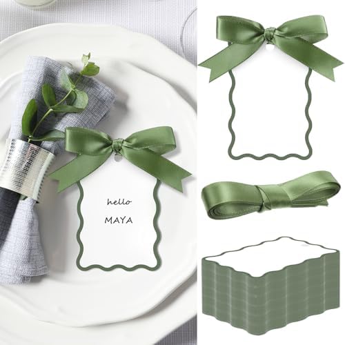 200 Pcs Scallop Name Place Cards for Table Setting DIY Wedding Placecards with Ribbon Include 100 Name Table Cards and 100 Ribbon for Weddings Party Celebrations Supplies(Sage Green)
