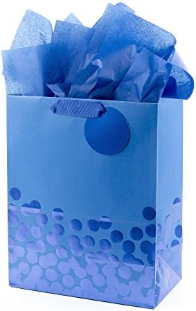 Hallmark 13" Large Gift Bag with Tissue Paper (Blue Foil Dots) for Hanukkah, Christmas, Birthdays, Fathers Day, Graduations, and Baby Showers