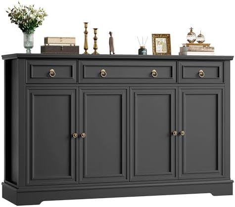 FINETONES Buffet Cabinet with Storage, 52.7" Large Sideboard Buffet Table, Black Kitchen Cabinet with 3 Drawers and 4 Doors, Wood Coffee Bar for Kitchen Dining Room, Black