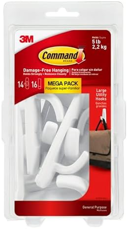 Command Large Utility Hook Mega Pack, White, 14-Hooks, 16-Strips, Organize Damage-Free