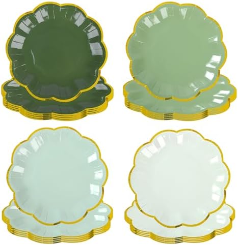 Sage Green Party Plates Gradient Green Dessert Paper Plate 7inch Gold Foil Scalloped Edge Disposable Cake Plates for Christmas Birthday Bridal Baby Shower Wedding Party Supplies (48)
