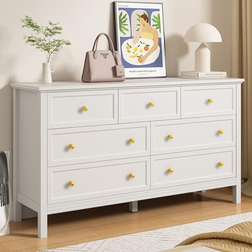 LYNSOM 7 Drawer White Dresser for Bedroom, 55" Wood Dresser with Gold Handles, Wide Modern Dresser & Chest of Drawers for Hallway, Entryway