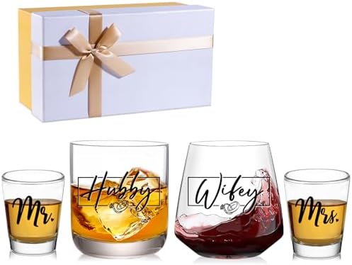 Wedding Gifts for Couples 2025, Bridal Shower Gifts, His and Hers Glass, Mr and Mrs Glass, Drinking Glasses Set, Hubby and Wifey Gift, Couples Gift for Bride and Groom