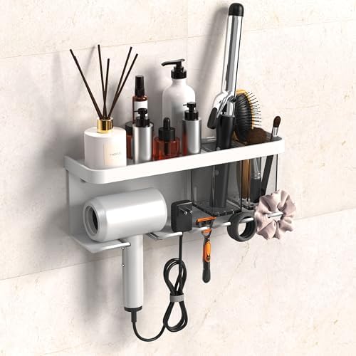Hair Dryer Holder Wall Mounted Adhesive/Drilling, Hair Dryer Storage Organizer with Shelf & Hooks for Bathroom, Blow Dryer Holder, Hair Tool Organizer (White)