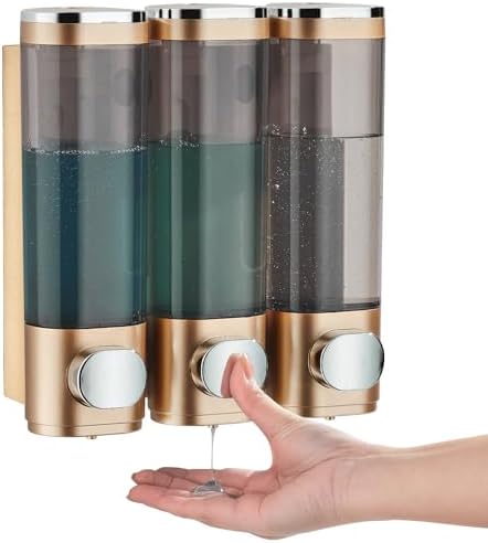 pollock Shampoo Conditioner Dispenser Shower Soap Dispenser 3 Chamber No Drill Shampoo Dispenser for Shower Wall Mounted Shampoo Conditioner Body Wash Dispenser for Bathroom Hotel Gold