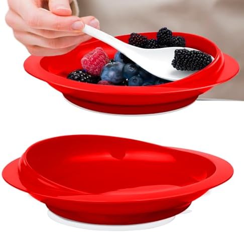 2Pack Spill Proof Scoop Plate with Non-Skid Suction Base, Adaptive Self-Feeding Dinnerware for Elderly and Disabled(Red)