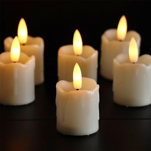 Set of 6 Flameless Votive Candles with Timer (5 Hour) Realistic Black Wick Battery Operated Candles Dripping Flickering LED Tealights for Wedding Party Holiday Christmas Halloween Decoration