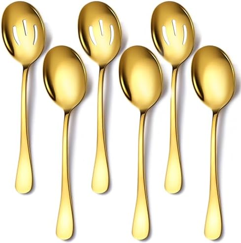 Gold Serving Spoons, 6 Pieces Stainless Steel Serving Spoons Set Includes 3 Serving Spoon, 3 Slotted Spoons. Serving Spoons for Parties/Buffet, Dishwasher Safe, 8.5-Inch
