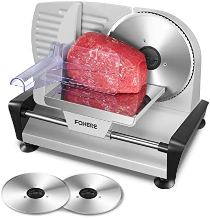 FOHERE 200W Meat Slicer for Home Use, Electric Food Slicer with Two 7.5" Sharp Stainless Steel Blade(Serrated + Smooth) & 0-15mm Precise Thickness Cut Deli Food, Meat, Bread, Fruit, Vegetable, Silver