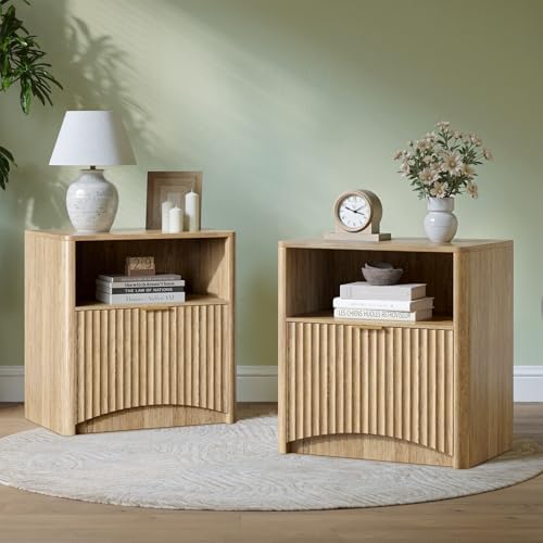Evermagin Fluted Nightstand Set of 2, Natural Oak Bedside Table with Drawer and Storage, Wood End Table Mid Century Modern, Large Night Stand for Bedroom
