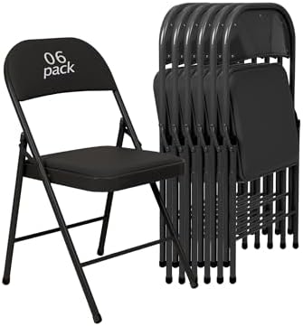 6 Pack Black Padded Folding Chairs Set - Comfortable Stackable Portable Chairs for Indoor Outdoor, Events, Parties, Office, Wedding (PU Leather, Classic Black,School Chair)