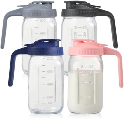 4 Pack 32oz Glass Pitcher with Lid, Double Leakproof Glass Mason Jar Pitcher with Pour Spout Lid, 1 Quart, Wide Mouth Storage Container for Breastmilk, Sun Tea, Juice, Cold Brew Coffee, Water