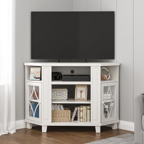 RoyalCraft Corner TV Stand for TVs up to 55 Inch: Corner Tall Entertainment Center with Storage, Modern Wood Media Console Cabinet for Living Room, Bedroom, Satin White