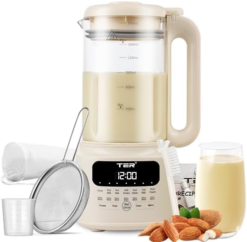 61oz Nut Milk Maker Machine, TER 10-in-1 Soy Milk Maker for Almond/Oat/Soy Milk, Juice, Milkshake, Rice Paste, Auto Clean/24H Preset Time/12H Keep Warm, with 7 Accessories, Beige