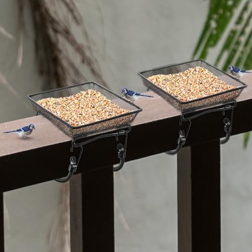 2 Pcs Deck Railing Bird Feeder Tray for Balcony 7 x 7 x 2 Inch Compact Platform Bird Seed Tray with 4 Fixed Elastic Rope Ground Mesh for Garden Backyard Outside Wild Birds or Squirrels