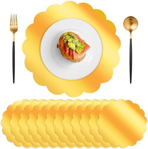 60 Pcs Gold Paper Placemats, 13.5 Inch Scalloped Paper Placemat Round Place Mats for Dining Table, Disposable Mirrored Gold Place Mat for Birthday Table Setting Wedding Banquet Dinner Party