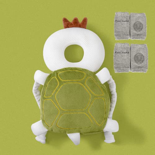Baby Head Protector & Baby Knee Pads for Crawling, Adjustable Toddlers Head Safety Pad Cushion Backpack, Baby Back Protection for Crawling & Walking, for Age 5-24Months (Turtle)