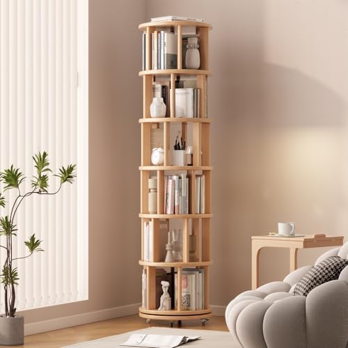 Solid Wood Rotating Bookshelf on Wheels, 6 Tier, Round Revolving Bookcase, 360Â° Spinning Book Shelf Tower for Kids, Narrow Rolling Bookshelves for Small Space, Corner, Bedroom, Office, Natural