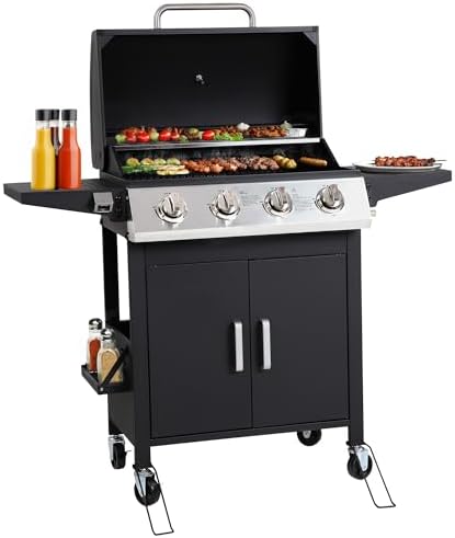 4-Burner Propane Gas Grill with Wheels, 40,000 BTU Stainless Steel BBQ Grill for Backyard, Outdoor Cooking - Foldable Side Tables, Spice Rack & Easy Assembly