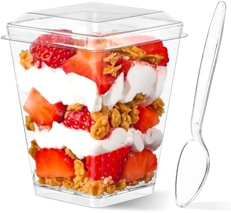 5 oz Plastic Dessert Cups with Lids and Spoons, 50 Pack Mini Parfait Cups Clear Dessert Shooter Cups for Banana Pudding, Fruit, Jello, Appetizer, Trifle