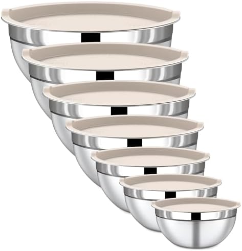 Mixing Bowls with Lids Set, 7 Piece Khaki Nesting Stainless Steel Mixing Bowls for Kitchen, Sizes 4.5, 4, 3.5, 2.1, 1.5, 1.1, 0.7 Qt for Baking, Cooking and Serving, Dishwasher Safe