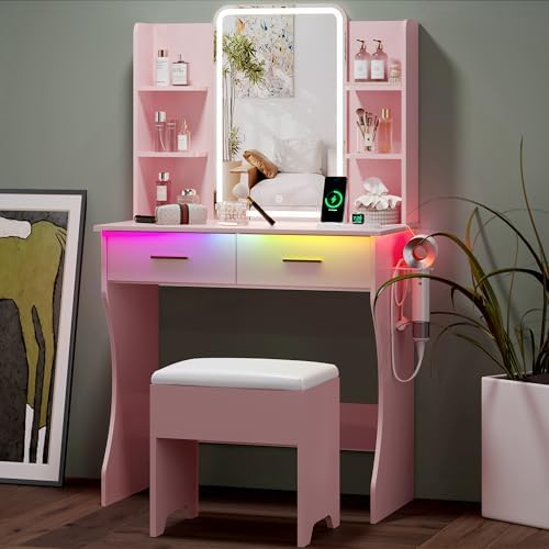 Small Vanity Desk with Mirror and Lights, Makeup Vanity with LED Lights, Pink Vanity Mirror with Lighted Desk and Chair, 3 Lighting Adjustable Compact Dressing Table with Mirror for Women, Girls