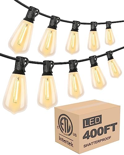 Lightdot 400FT Outdoor String Lights, LED Bistro String Lights with Shatterproof ST38 Vintage Bulbs, 2200K Dimmable, Waterproof Hanging Lights for Porch, Deck, Garden, Backyard, Balcony - ETL Listed