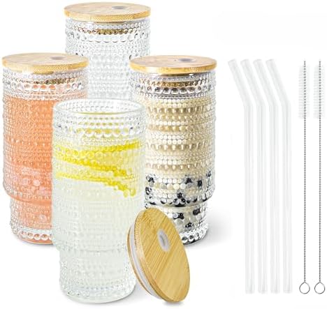 4 Pcs 16 oz Glasses Cups Set with Bamboo Lids Straws Brush Hobnail Glassware Set for Juice Iced Coffee Beer and Cocktail Whiskey