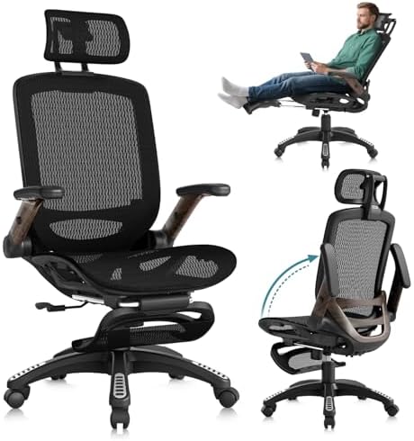 GABRYLLY Ergonomic Office Chair with Footrest, High Back Mesh Computer Chair with Flip-Up Arm, 3D Headrest, 135Â° Reclining, Rolling Gaming Task Chair with Wide Seat Lumbar Support,400LBS