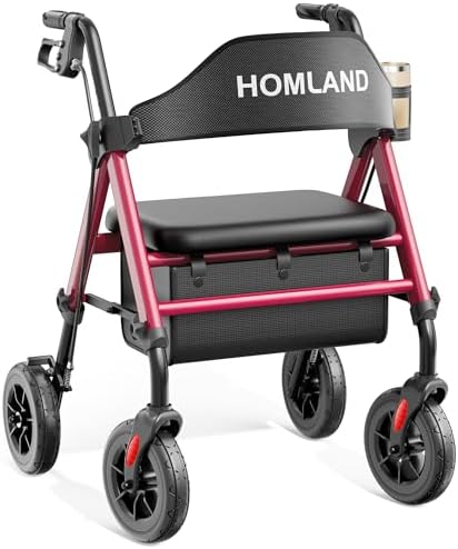 Walkers for Seniors with Seat, Foldable Rollator Walker, Reinforced Aluminum Frame, 8" Big Rubber Wheels for All Terrain, Height Adjustable Lightweight Rolling Walker
