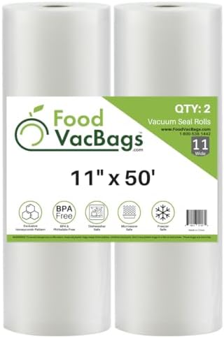 2 Rolls 11-Inch-by-50-Foot FoodVacBags Vacuum Seal Bags, Food Sealer Bags, Compatible with Foodsaver, Embossed Commercial Grade, Make Own Size for Sous Vide or Food Storage (100 Feet)
