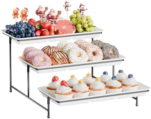 3-Tier Melamine Serving Tray Set, 14"x7" Platters for Serving Food, White Reusable Trays with Black Metal Display Stand for Cupcakes, Sevring Food, Dessert, Fruit, Cookie, Black
