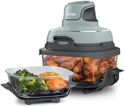 Ninja Crispi Air Fryer, Microwave, Freezer & Dishwasher Safe, Non Toxic Glass Portable Cooking System, 4 QT & 6 Cup Glass Containers with Storage Lids, Easy Meals, Air Fry, Bake, Green (Renewed)