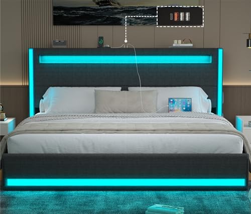 King Size Bed Frame and Adjustable Headboard, Light up King Size Platform Bed Frame with Type-C & USB Charging Station, LED Upholstered Metal Bed Frame King Size, No Box Spring Needed, Dark Grey
