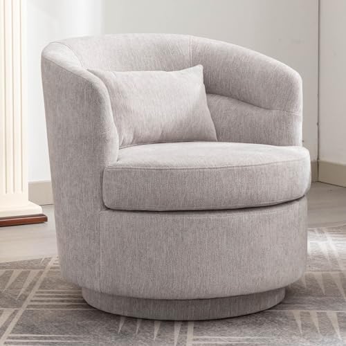 CANMOV Swivel Accent Chair, 360 Degree Round Swivel Barrel Chair with Pillow, Upholstered Comfy Barrel Armchair Single Club Sofa Chair for Living Room,Bedroom, Reading Room, Grey