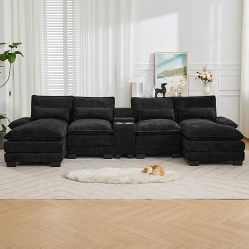 125'' U Shaped Cloud Modular Sofa with Chaise Lounges, Chenille Upholstered Comfy Sectional Couch with Storage Console, USB Charging Ports & Cup Holders, Modern Deep Seat Sofa for Living Room, Black