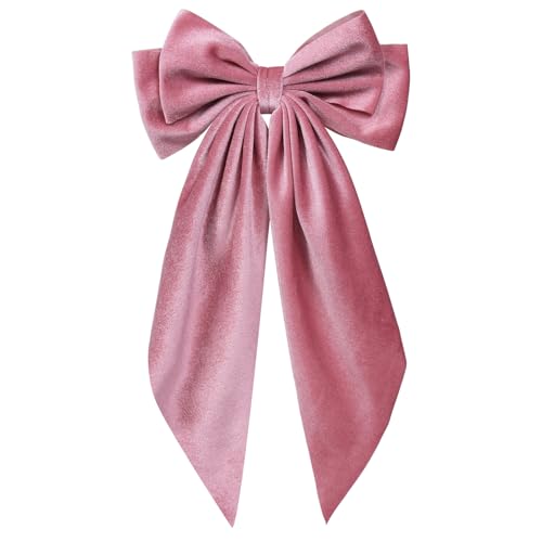 Beige Pink Velvet Ribbon Hair Bows with Long Tail for Women Girls Thick Hair Valentines Ponytail Holder Decor Accessory Everyday Big Bow-Knot French Hair Barrette Clips Clamp Stuff