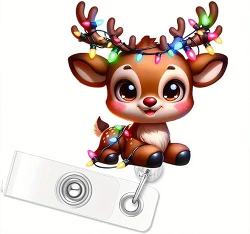 Cute Elk Retractable Alligator Clip Badge Reel with Christmas Lights Designs - Acrylic Holiday Badge Reels for Nurse, Doctor, Office Worker