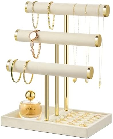 3 Tier Bracelet Holder Display - Detachable T Bar Beige Velvet Bracelet Holder, Jewelry Holder Organizer for Bracelet, Necklace, Earrings, Rings