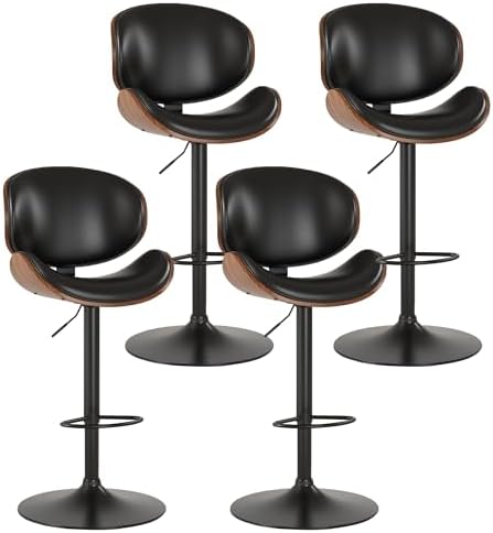 KCC Bar Stools Set of 4, Swivel Adjustable Height Barstools, PU Leather Upholstered Bar Chairs with Footrest, Bentwood Bar Stool for Kitchen, Bar, Dining Room(Black PU)