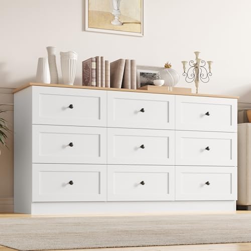 9 Drawer Dresser, 59" Wide Dresser for Bedroom, Modern Large Chest of Drawers, TV Stand for 65 inch, Storage Organizer with Metal Handles for Bedroom, Living Room, Hallway