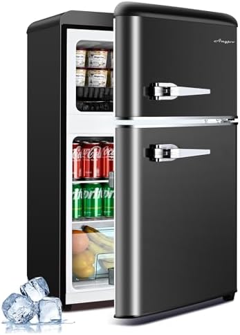 3.2 Cu.Ft Fridge with Freezer, Double Door Retro Refrigerator with 7 Level Thermostat, Adjustable Removable Glass Shelves for Bedroom Office Apartment Dorm Bar, Black