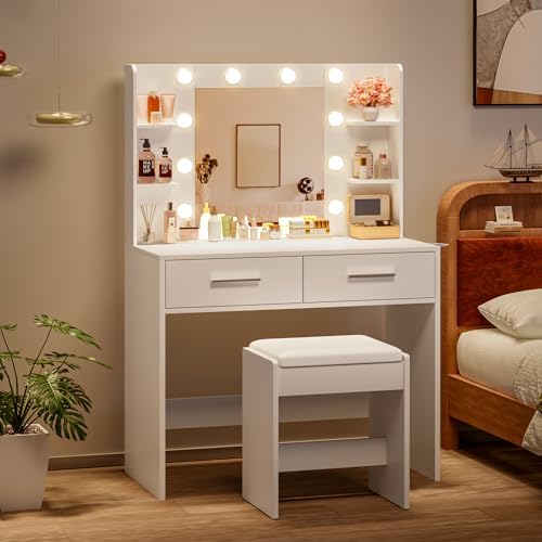 YESHOMY Vanity Desk with Mirror, Makeup Table with 2 Large Drawers, Power Outlet and Round Holder, 3 Color Modes Adjustable Bulb, Bench Included, Easy Assembly, Gloss White
