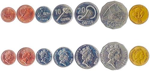 7 Coins from Fiji | Fijian Coin Set Collection 1 2 5 10 20 50 Cents 1 Dollar | 1990-2006 | Elizabeth II | Canoe | Fijian Drum | Throwing Club | Kava Bowl | Sperm Whale Tooth
