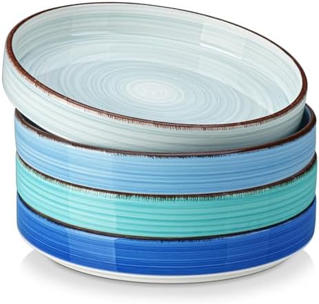 vancasso Bonita Pasta Bowls Set of 6-38 oz Shallow Bowls, Ceramic Pasta Plates and Salad Bowls, Microwave, Dishwasher Safe Serving Bowls, Blue