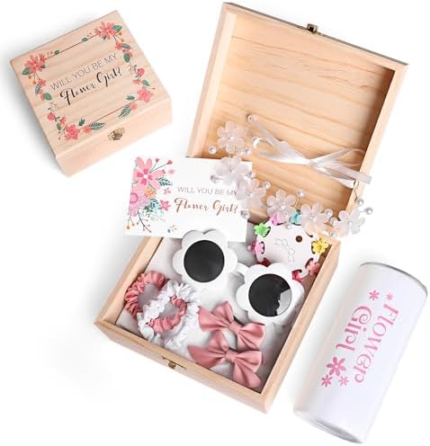 9Pcs Flower Girl Proposal Gift Set, Will You Be My Flower Girl Gift for Wedding Includes Tumbler Sunglasses Hair Accessory Hairpins Hair Ring for Wedding Engagement Bridal Shower Gifts Set Wooden Box